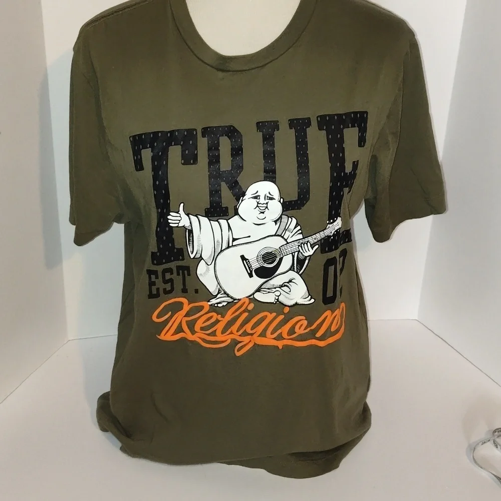 True Religion‎ Jeans Buddha Green Black Tee Shirt Size Large